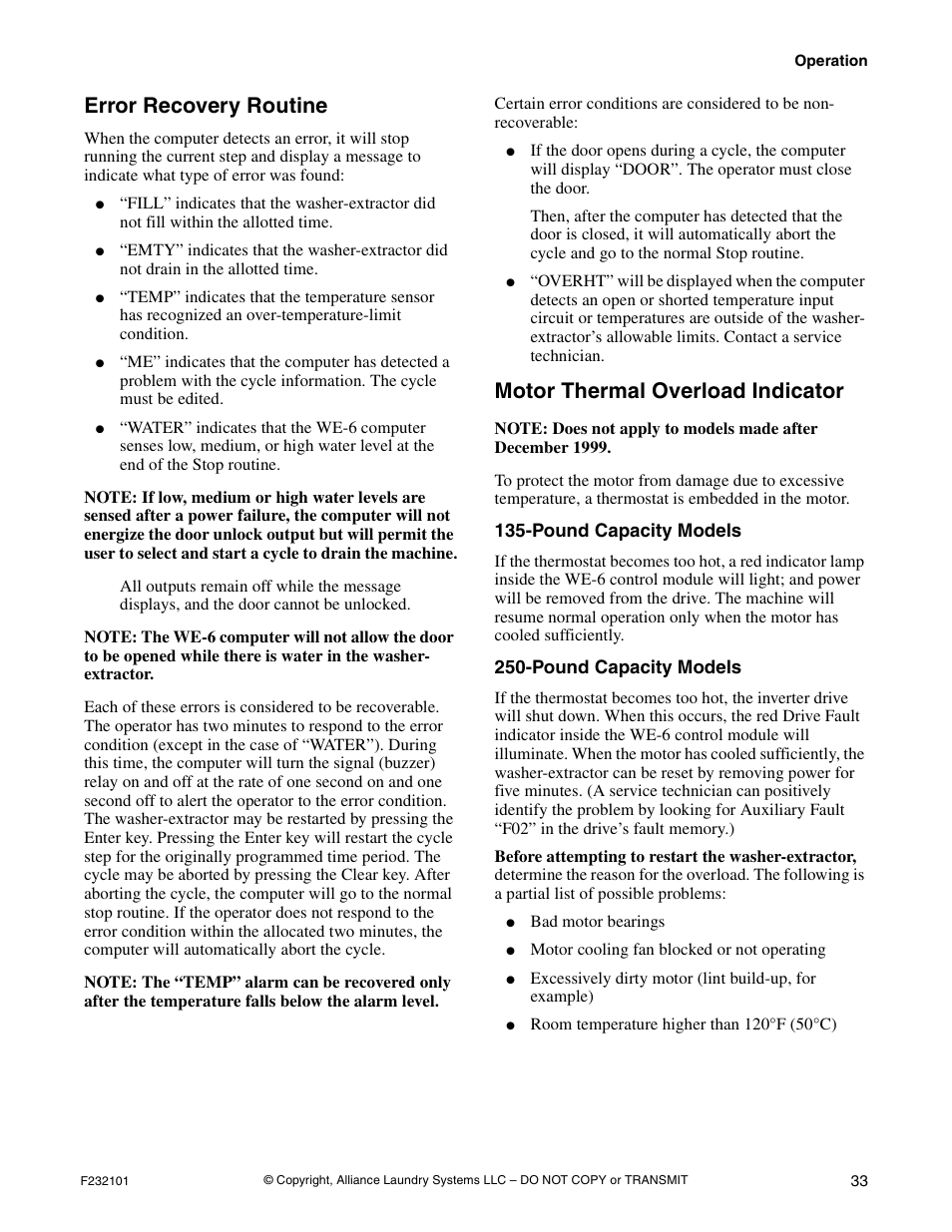 Error recovery routine, Motor thermal overload indicator | Alliance Laundry Systems SF250PV Tilt User Manual | Page 35 / 174