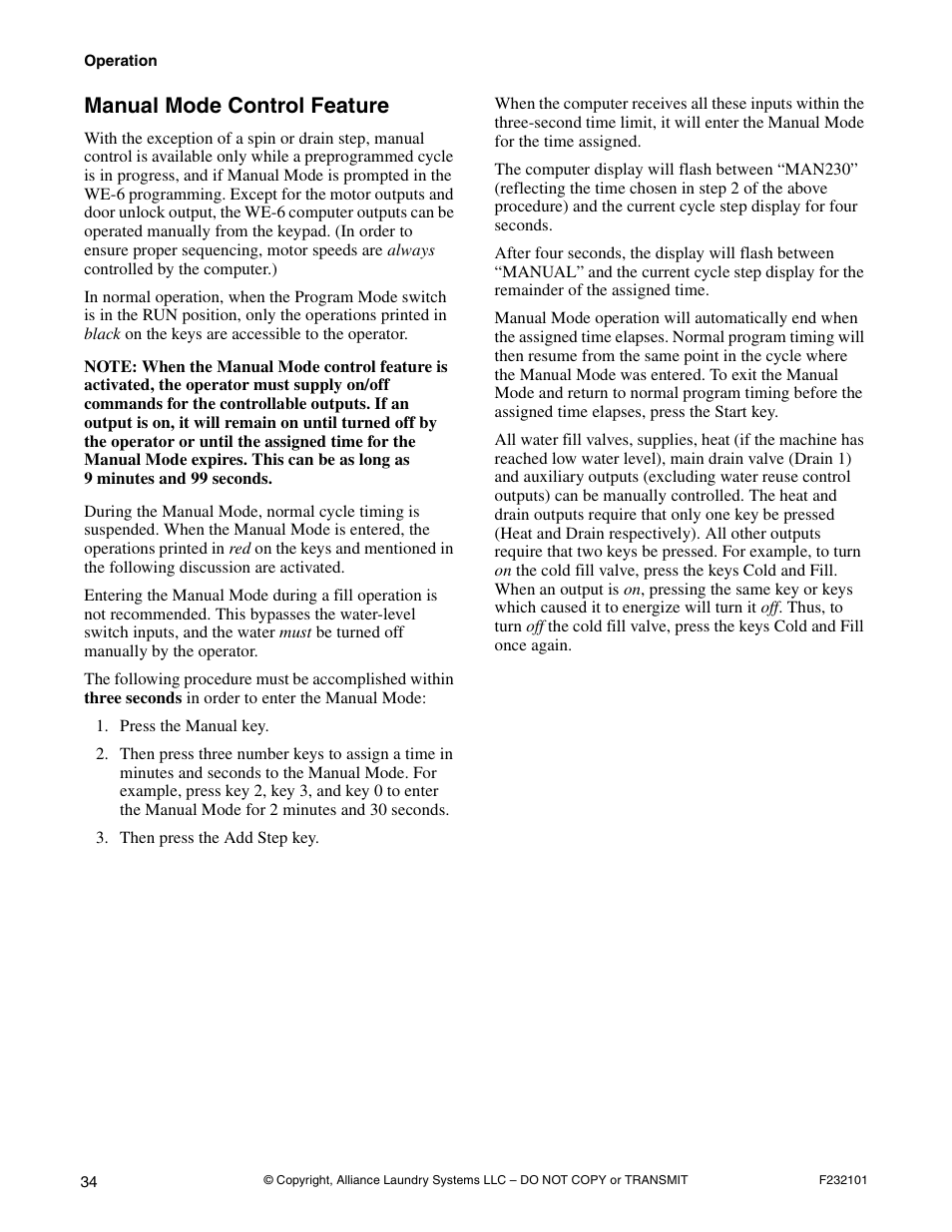 Manual mode control feature | Alliance Laundry Systems SF250PV Tilt User Manual | Page 36 / 174