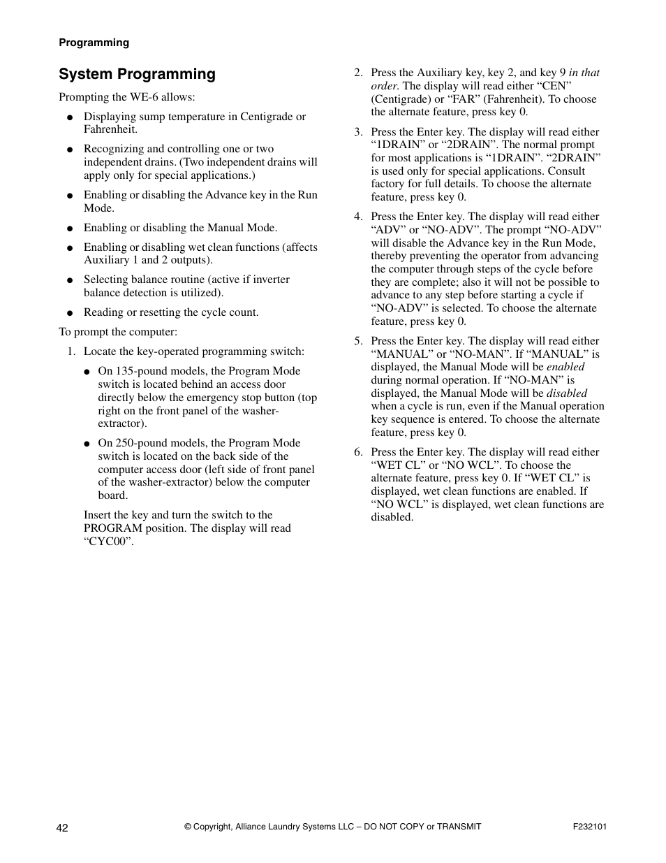 System programming | Alliance Laundry Systems SF250PV Tilt User Manual | Page 44 / 174