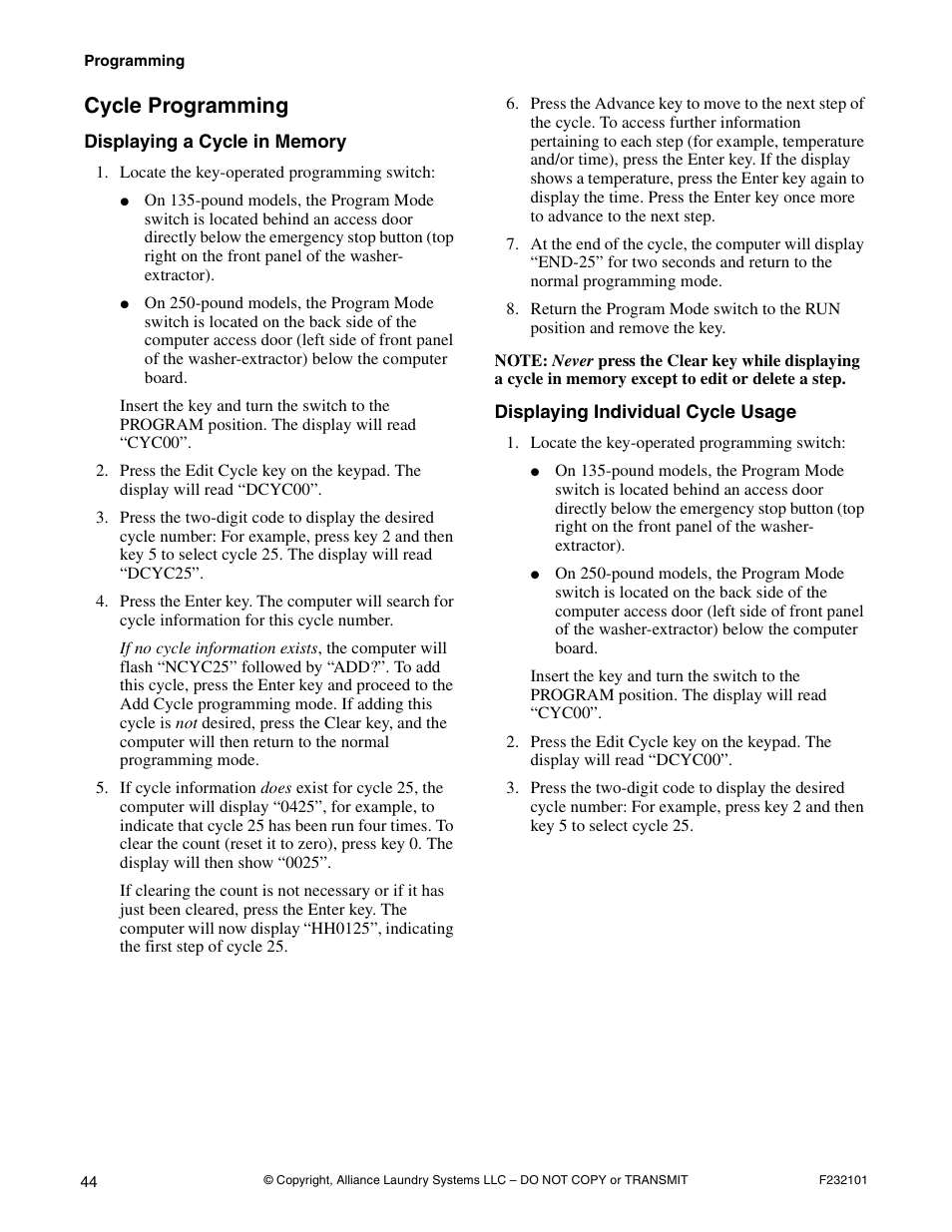 Cycle programming | Alliance Laundry Systems SF250PV Tilt User Manual | Page 46 / 174