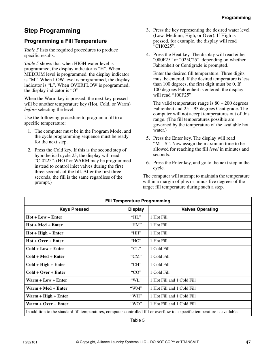 Step programming | Alliance Laundry Systems SF250PV Tilt User Manual | Page 49 / 174