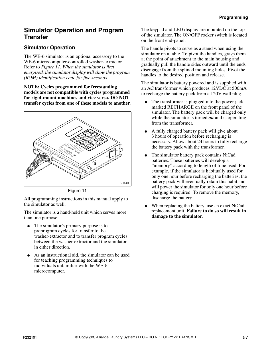 Simulator operation and program transfer, Simulator operation, Programming 57 | Figure 11 | Alliance Laundry Systems SF250PV Tilt User Manual | Page 59 / 174