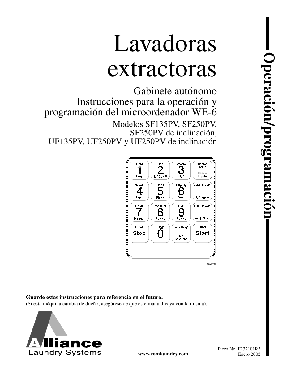 Lavadoras extractoras, Operaci ó n/pr ogramaci ó n | Alliance Laundry Systems SF250PV Tilt User Manual | Page 85 / 174