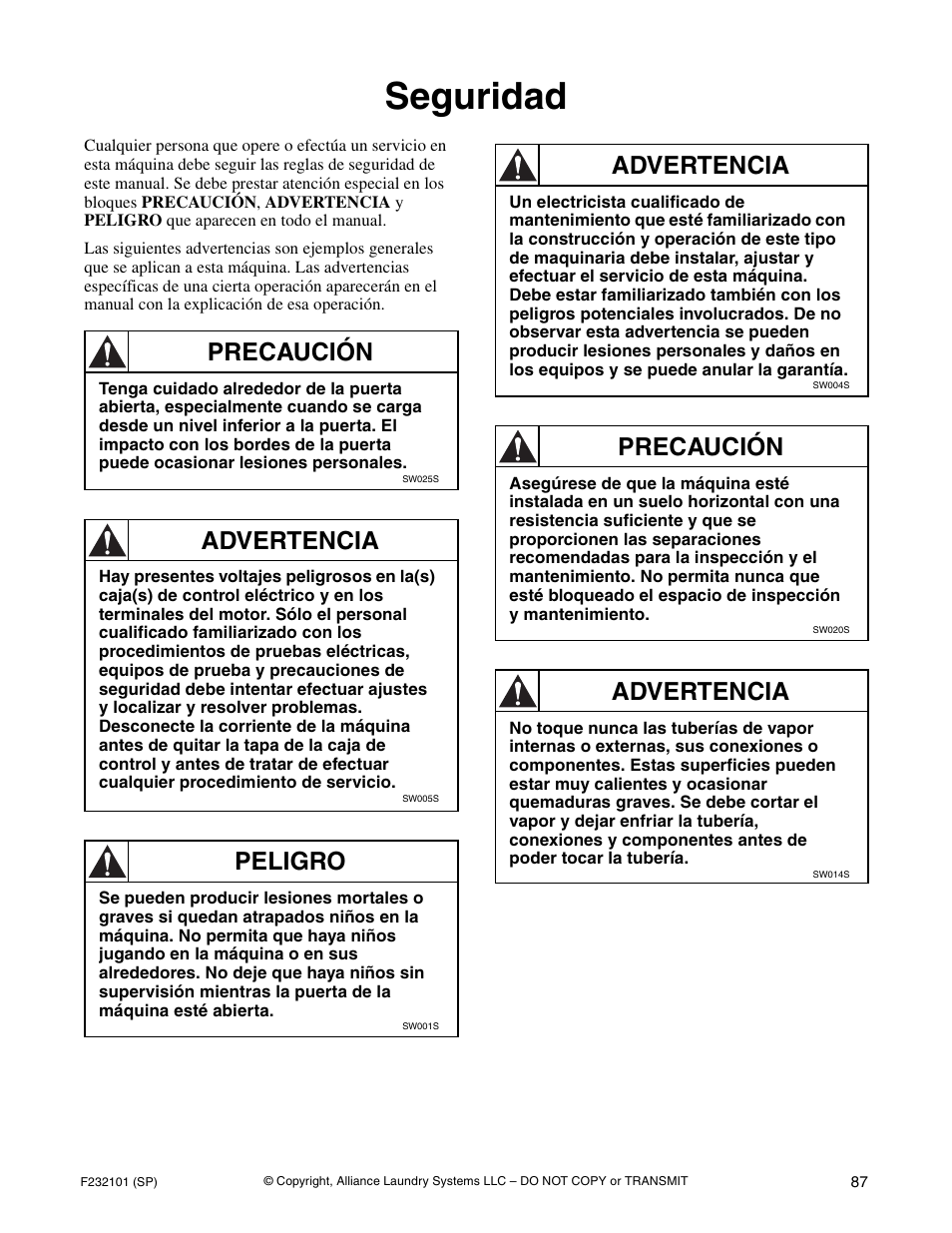 Seguridad, Precaución, Advertencia | Peligro | Alliance Laundry Systems SF250PV Tilt User Manual | Page 89 / 174