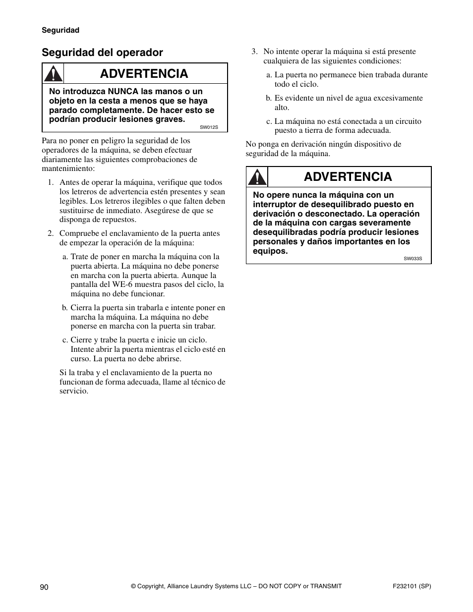 Advertencia, Seguridad del operador | Alliance Laundry Systems SF250PV Tilt User Manual | Page 92 / 174