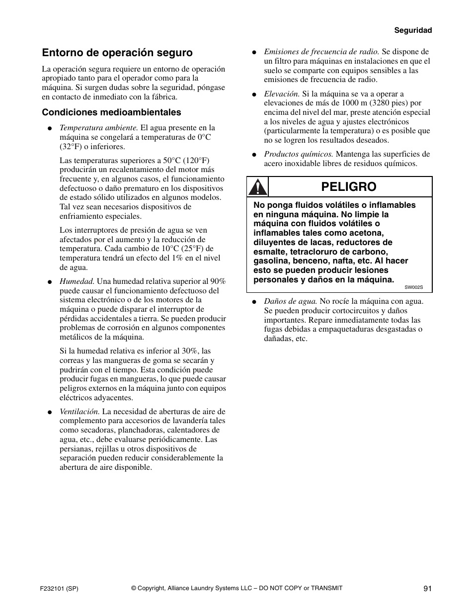 Peligro, Entorno de operación seguro | Alliance Laundry Systems SF250PV Tilt User Manual | Page 93 / 174