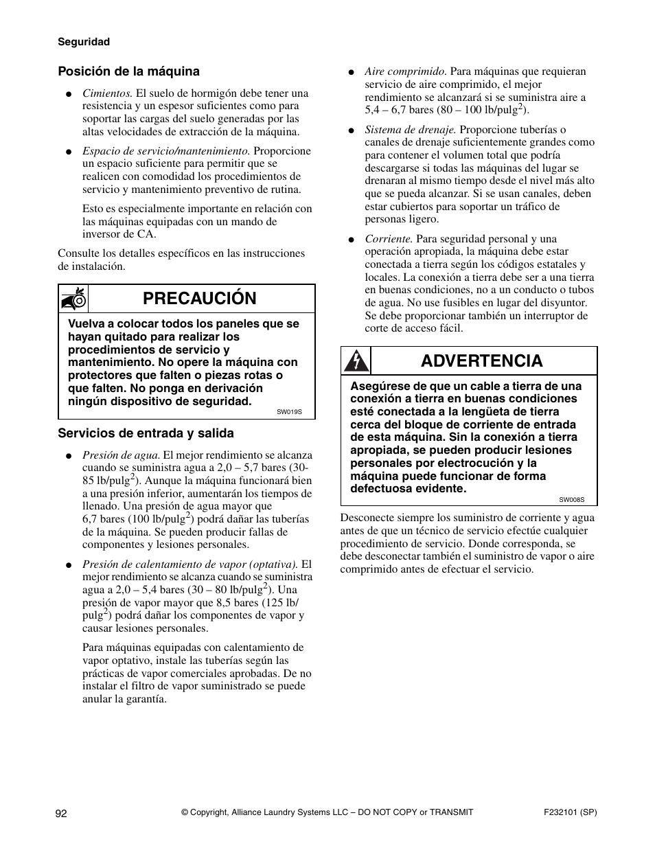 Precaución, Advertencia | Alliance Laundry Systems SF250PV Tilt User Manual | Page 94 / 174