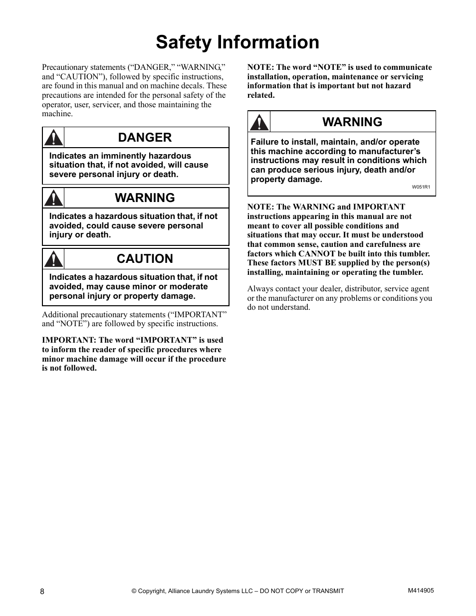 Safety information, Danger, Warning | Caution | Alliance Laundry Systems TMB795C User Manual | Page 10 / 63