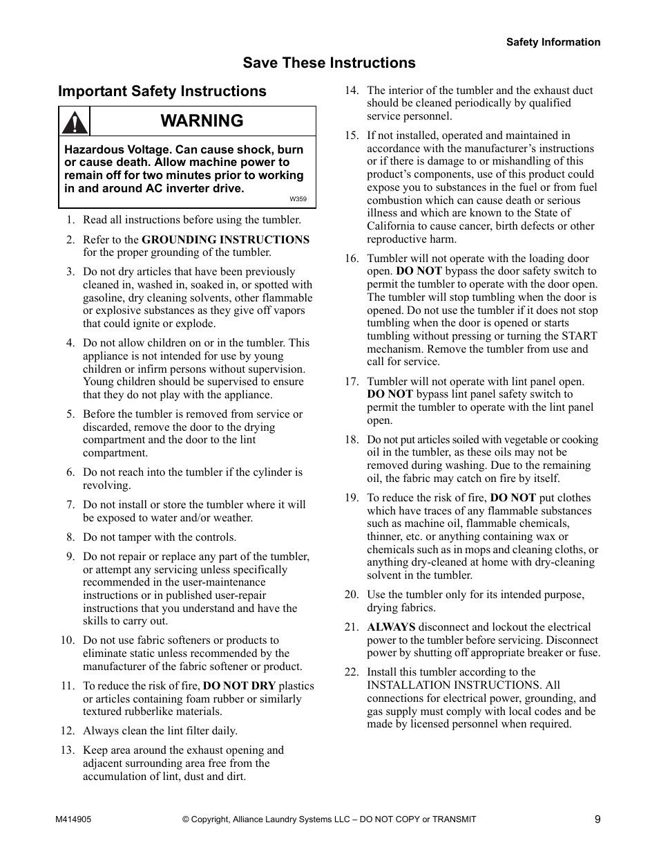 Important safety instructions, Warning | Alliance Laundry Systems TMB795C User Manual | Page 11 / 63