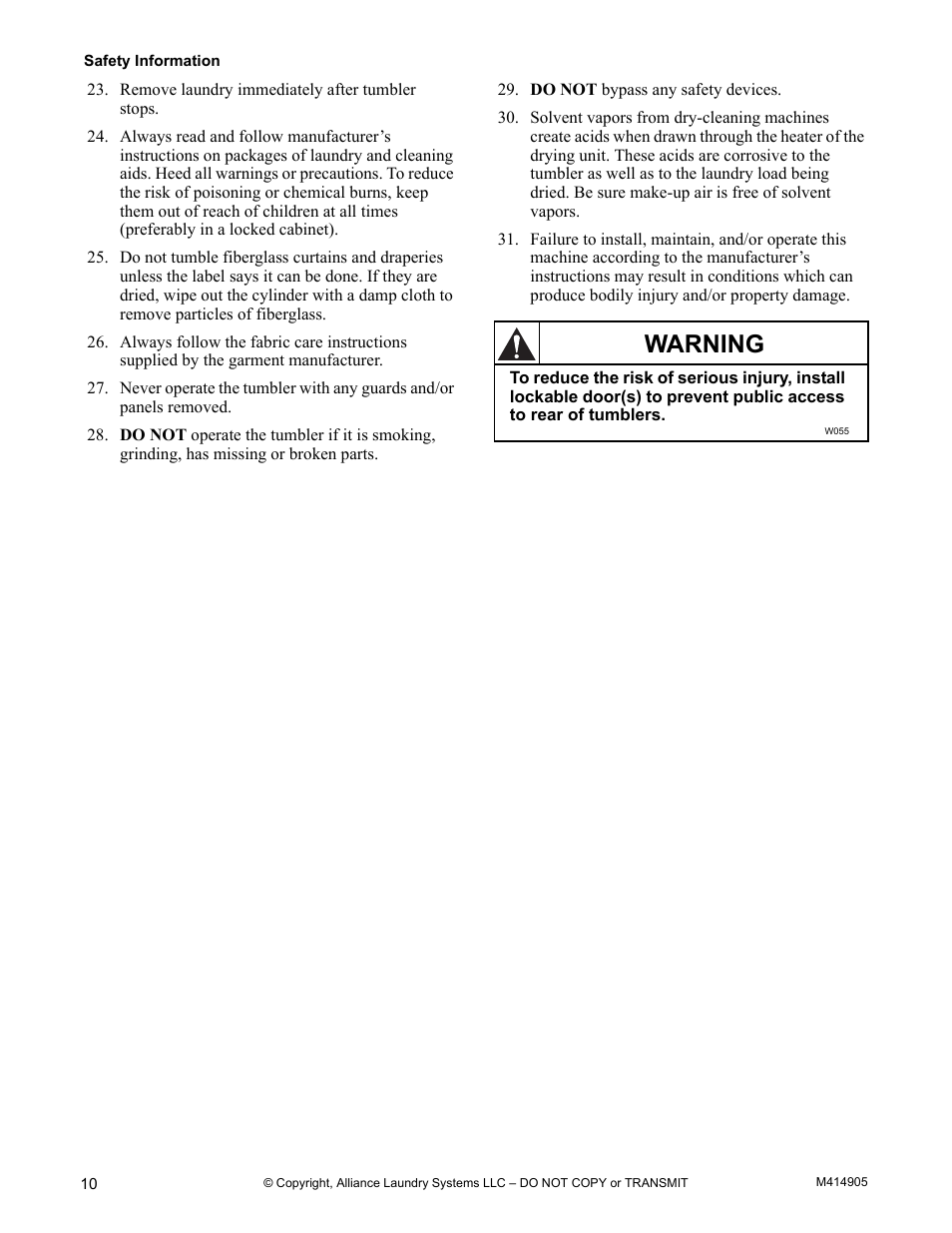 Warning | Alliance Laundry Systems TMB795C User Manual | Page 12 / 63