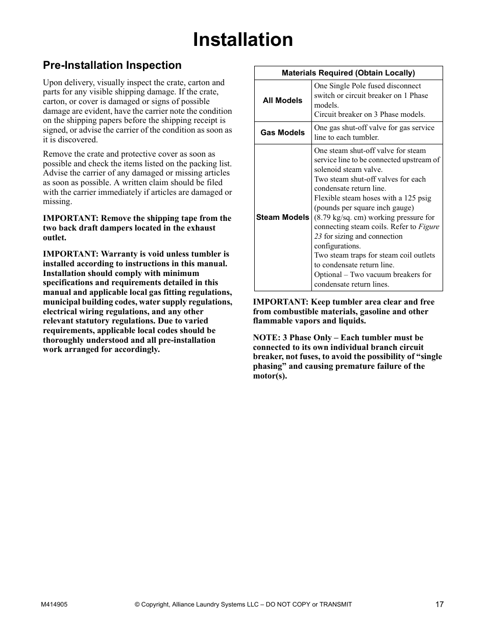 Installation, Pre-installation inspection | Alliance Laundry Systems TMB795C User Manual | Page 19 / 63