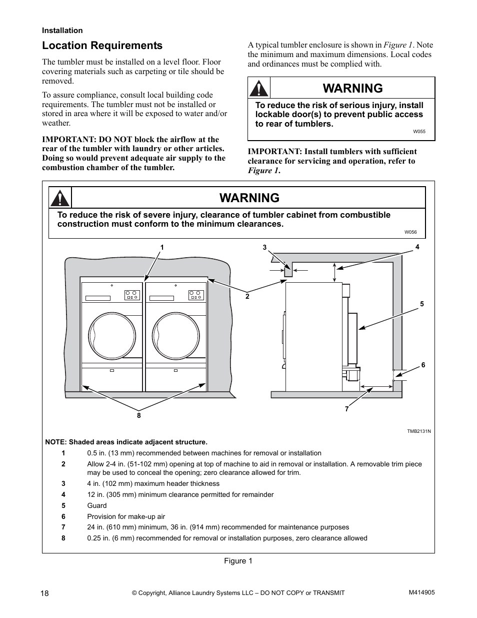 Location requirements, Warning | Alliance Laundry Systems TMB795C User Manual | Page 20 / 63