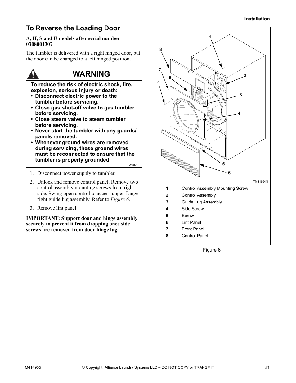 To reverse the loading door, Warning | Alliance Laundry Systems TMB795C User Manual | Page 23 / 63