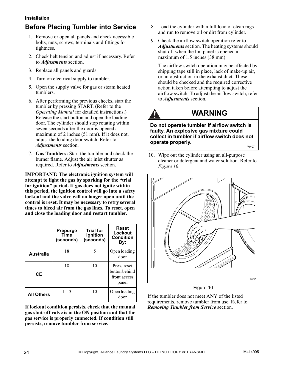 Before placing tumbler into service, Warning | Alliance Laundry Systems TMB795C User Manual | Page 26 / 63