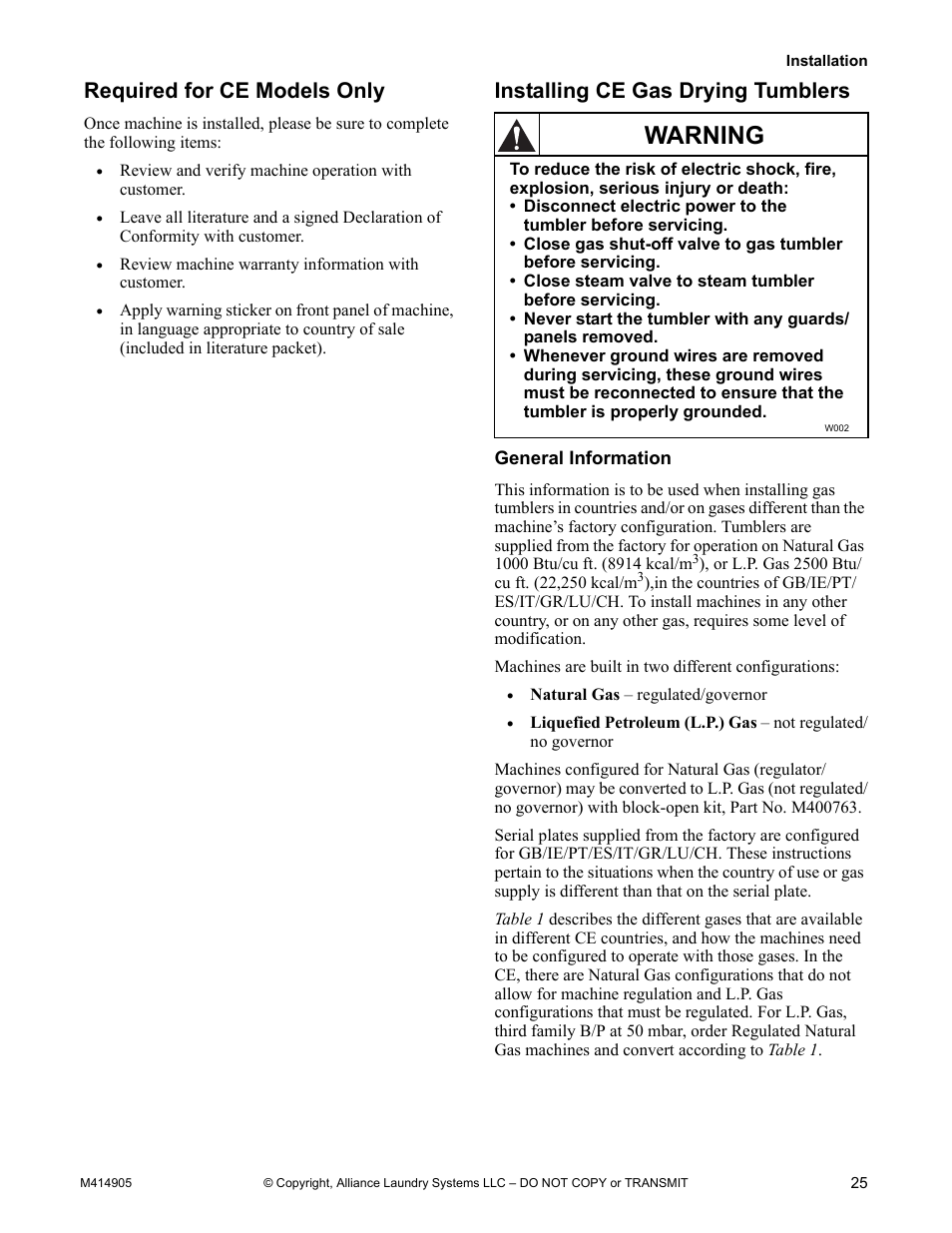 General information, Warning, Required for ce models only | Installing ce gas drying tumblers | Alliance Laundry Systems TMB795C User Manual | Page 27 / 63