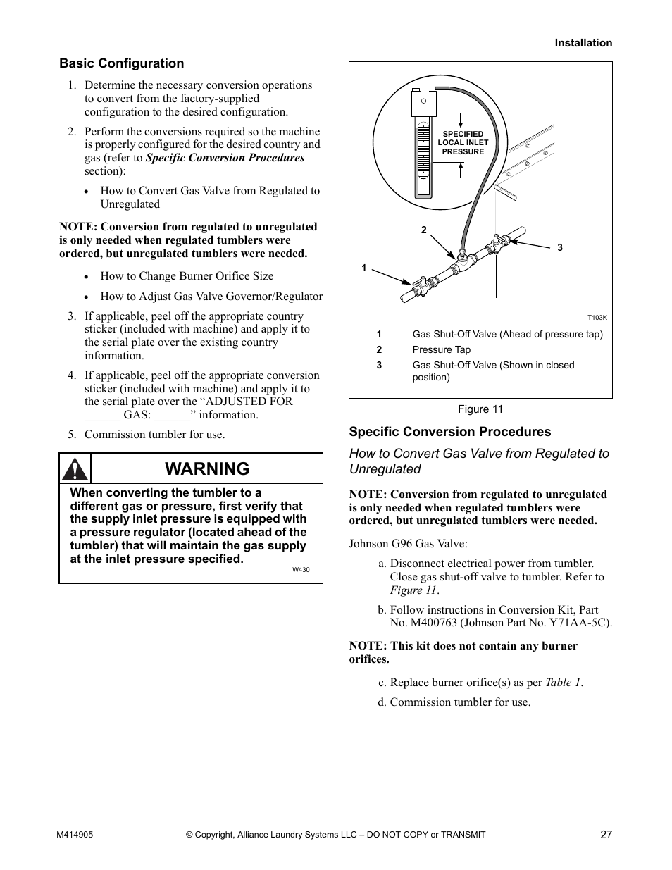 Basic configuration specific conversion procedures, Warning | Alliance Laundry Systems TMB795C User Manual | Page 29 / 63
