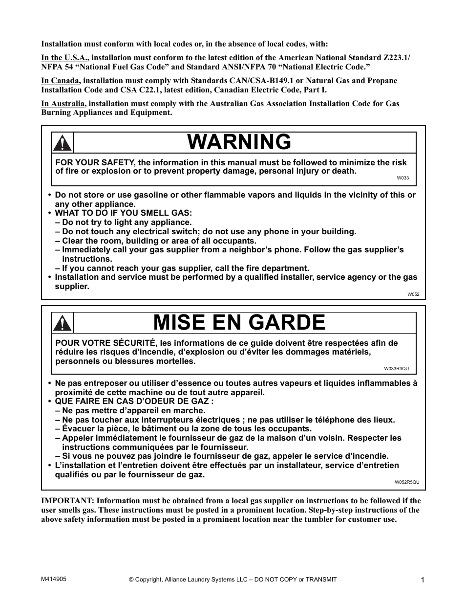 Warning, Mise en garde | Alliance Laundry Systems TMB795C User Manual | Page 3 / 63