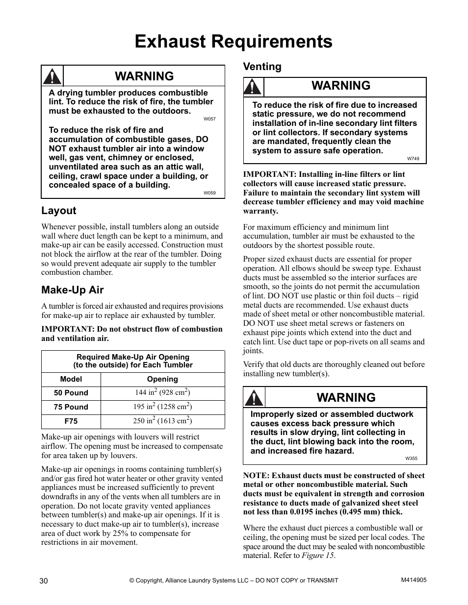 Exhaust requirements, Layout make-up air venting, 13 and | Warning, Layout, Make-up air, Venting | Alliance Laundry Systems TMB795C User Manual | Page 32 / 63