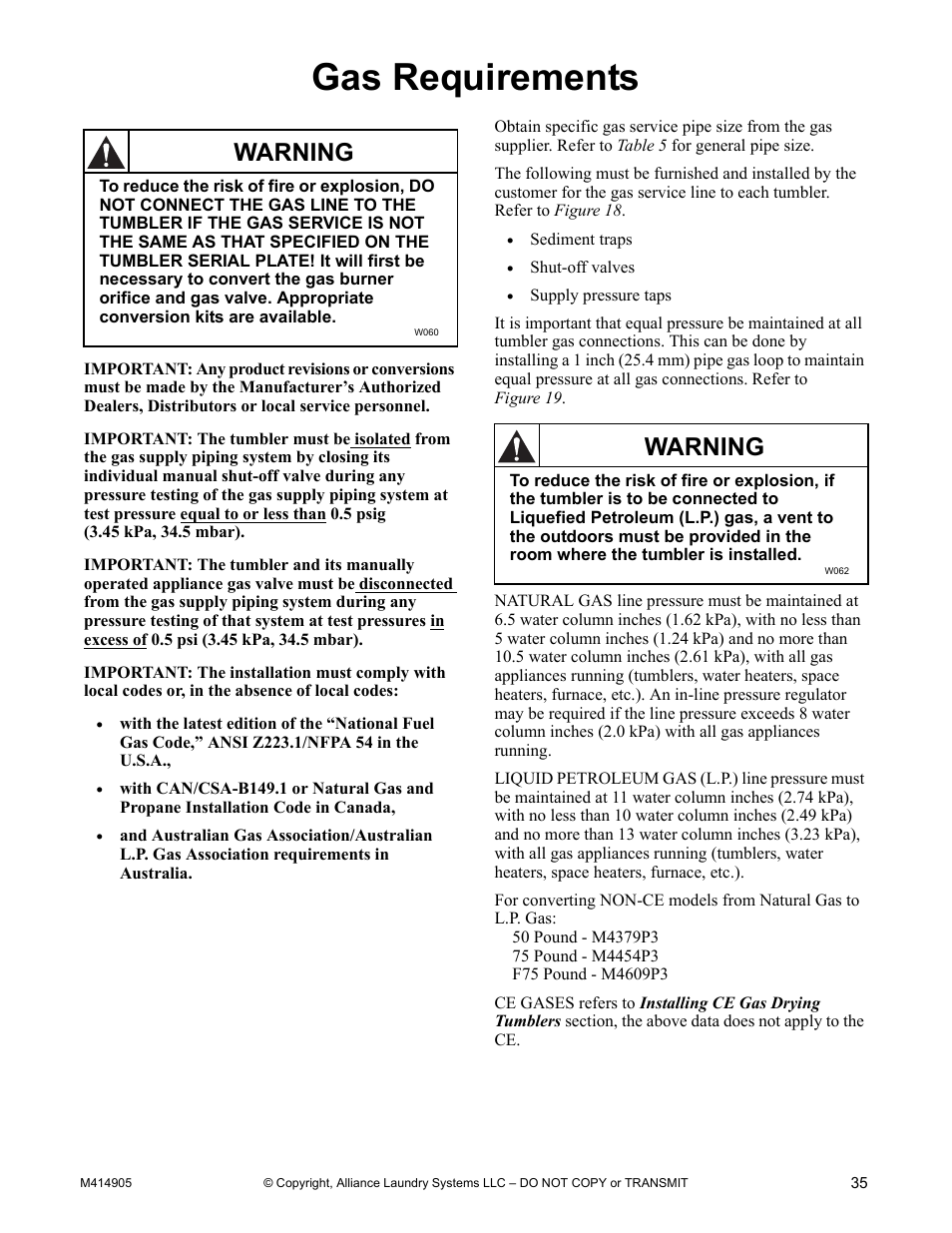 Gas requirements, Warning | Alliance Laundry Systems TMB795C User Manual | Page 37 / 63