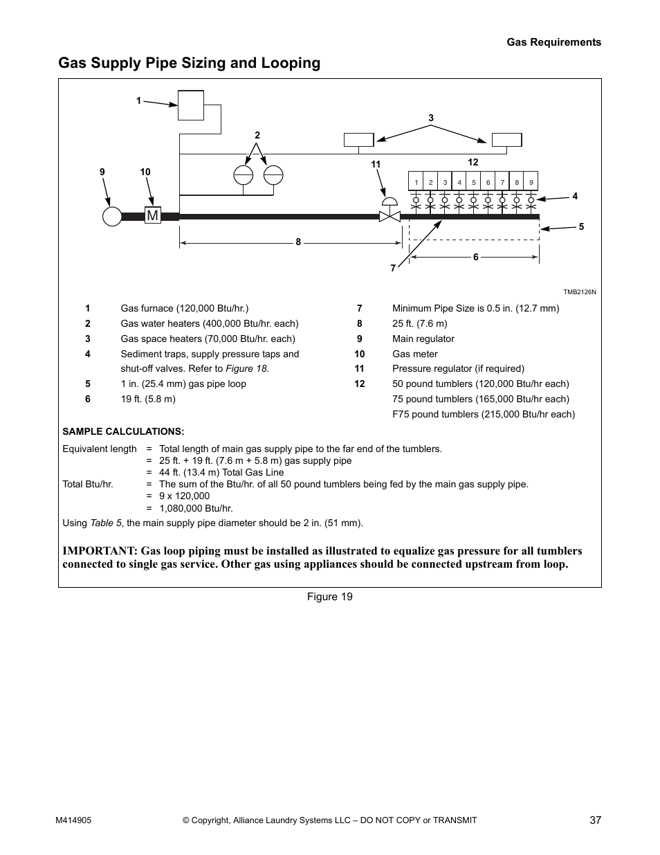 Gas supply pipe sizing and looping, Figure 19 | Alliance Laundry Systems TMB795C User Manual | Page 39 / 63