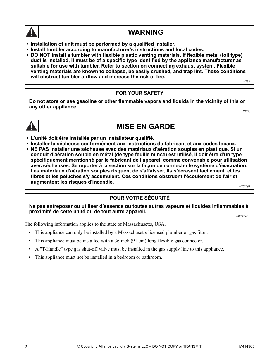 Warning, Mise en garde | Alliance Laundry Systems TMB795C User Manual | Page 4 / 63