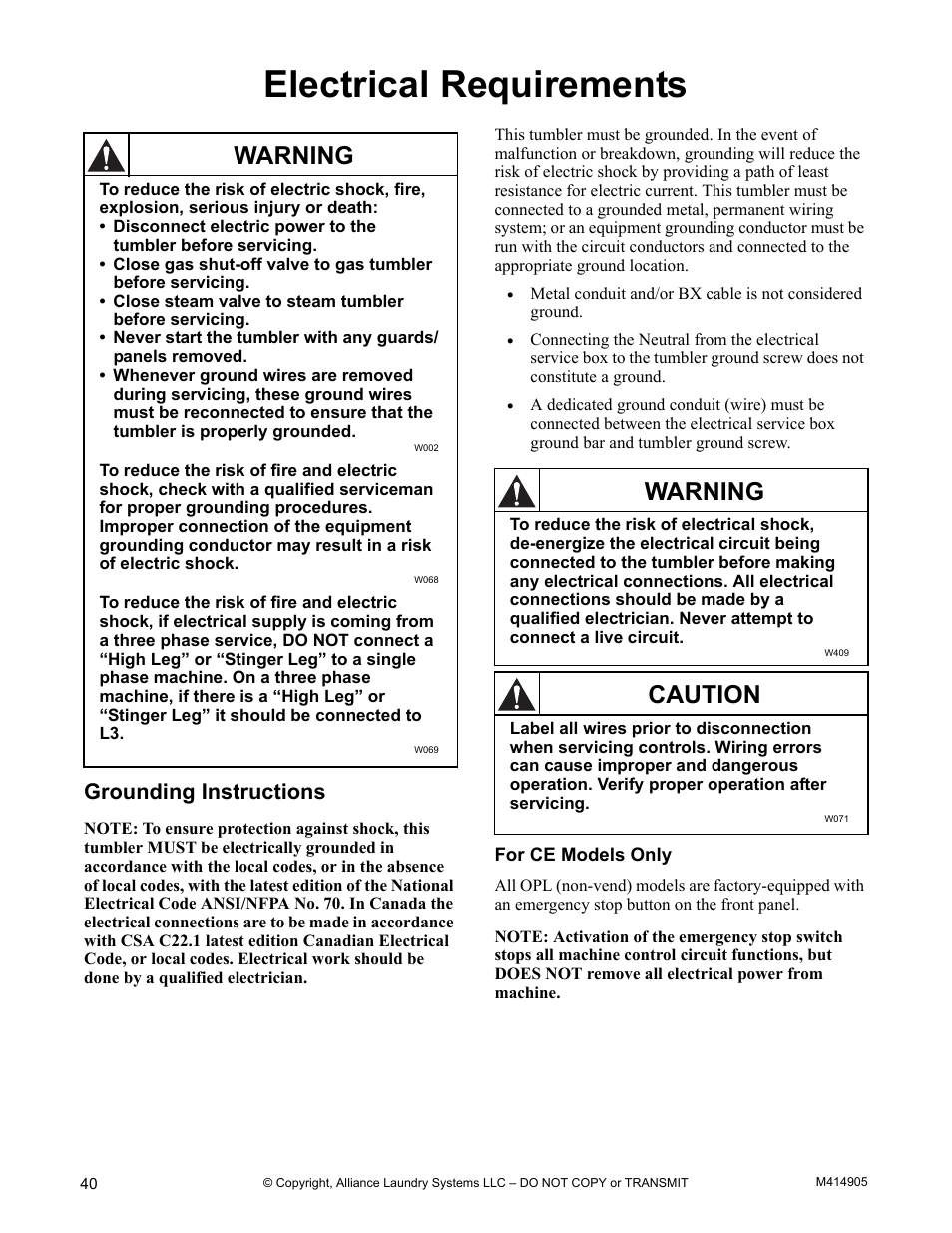 Electrical requirements, Grounding instructions, For ce models only | Warning, Caution | Alliance Laundry Systems TMB795C User Manual | Page 42 / 63