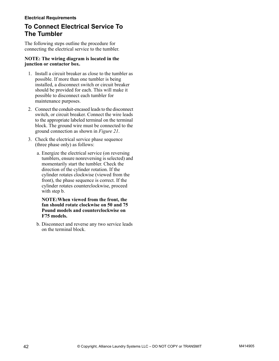 To connect electrical service to the tumbler | Alliance Laundry Systems TMB795C User Manual | Page 44 / 63