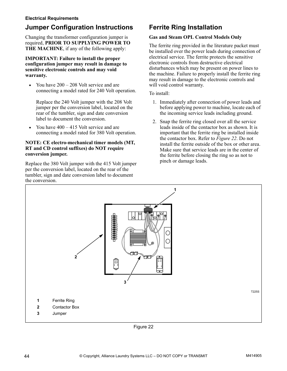 Jumper configuration instructions, Ferrite ring installation | Alliance Laundry Systems TMB795C User Manual | Page 46 / 63