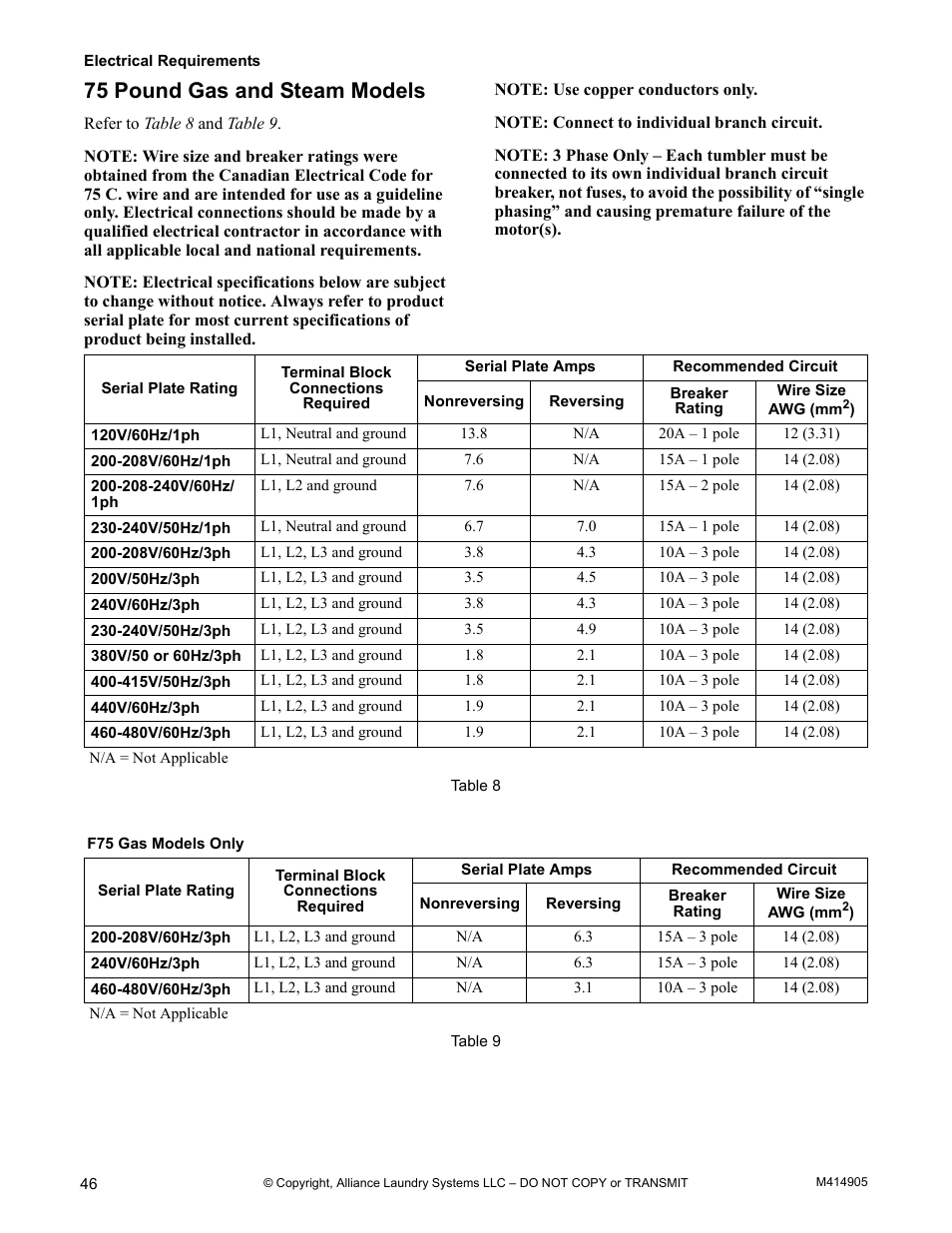 75 pound gas and steam models | Alliance Laundry Systems TMB795C User Manual | Page 48 / 63