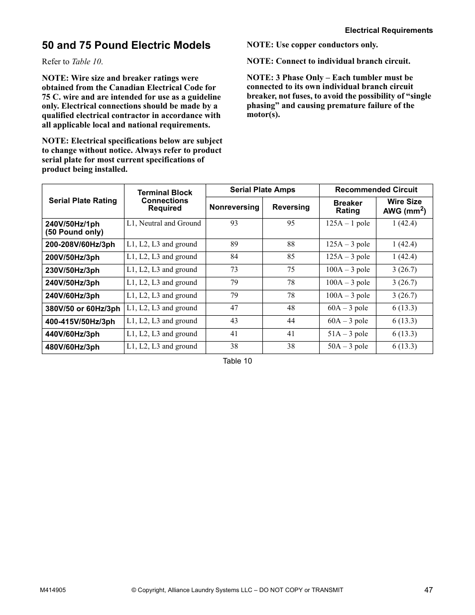 50 and 75 pound electric models | Alliance Laundry Systems TMB795C User Manual | Page 49 / 63