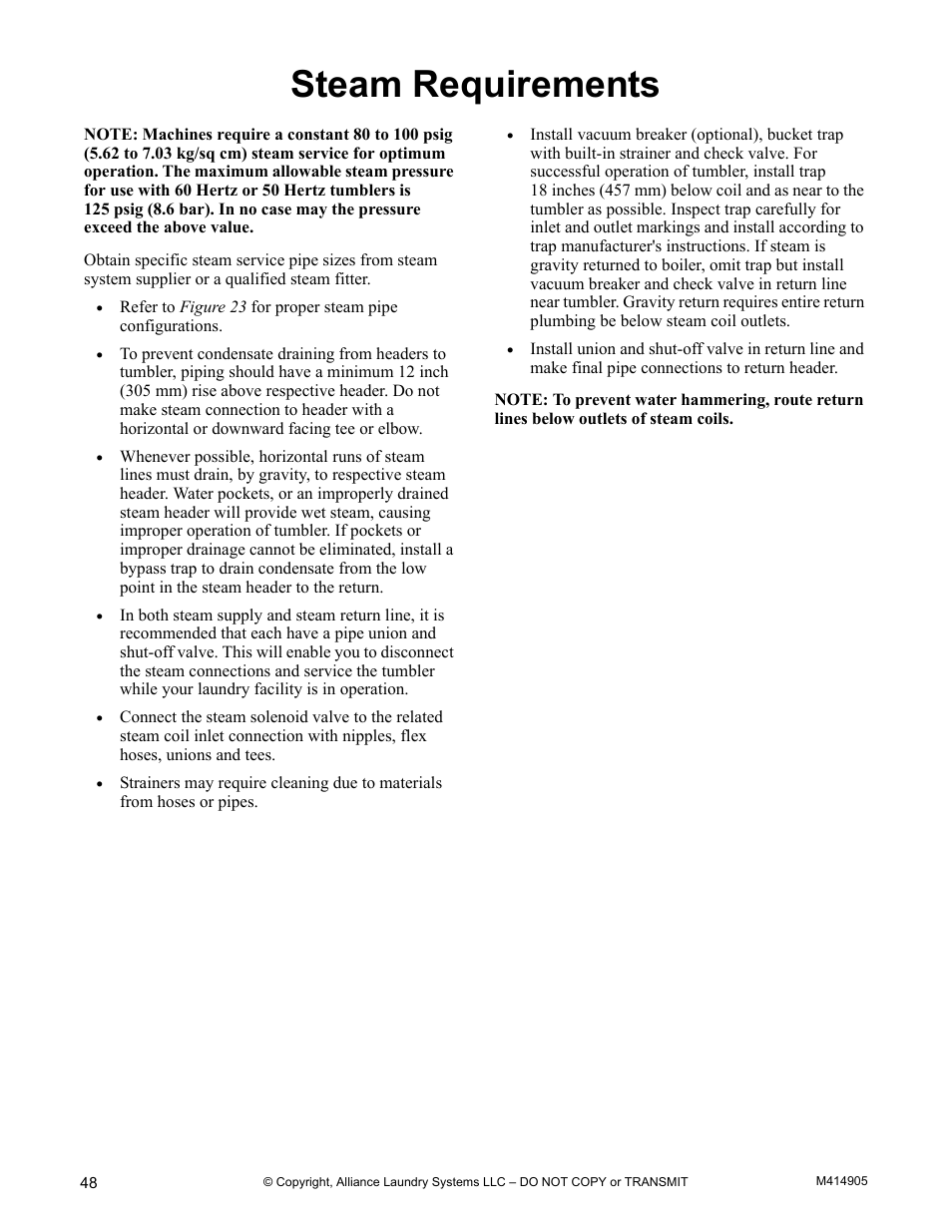 Steam requirements | Alliance Laundry Systems TMB795C User Manual | Page 50 / 63