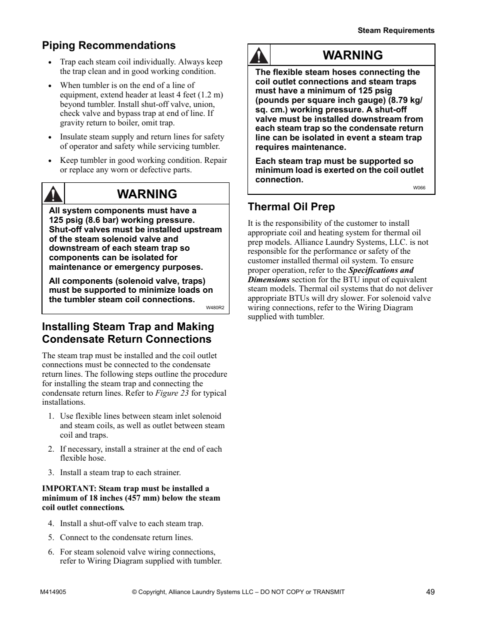 Return connections, Thermal oil prep, Warning | Piping recommendations | Alliance Laundry Systems TMB795C User Manual | Page 51 / 63