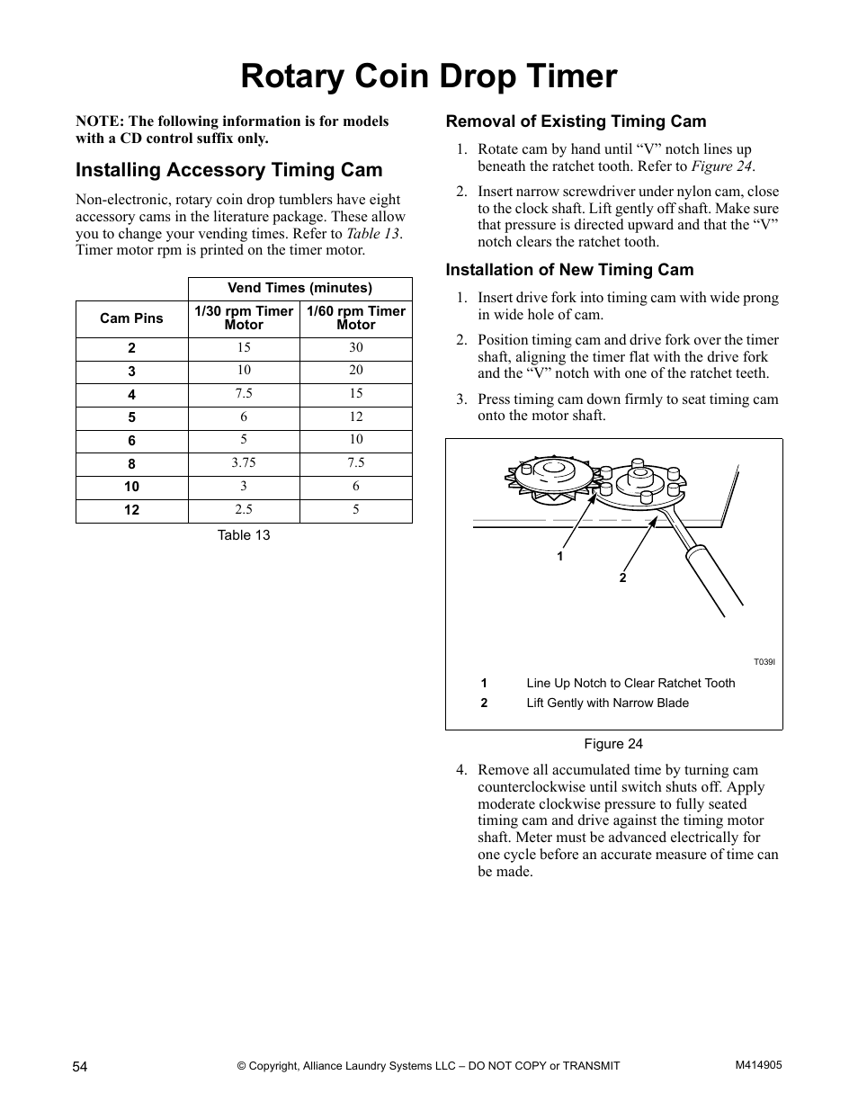 Rotary coin drop timer, Installing accessory timing cam | Alliance Laundry Systems TMB795C User Manual | Page 56 / 63