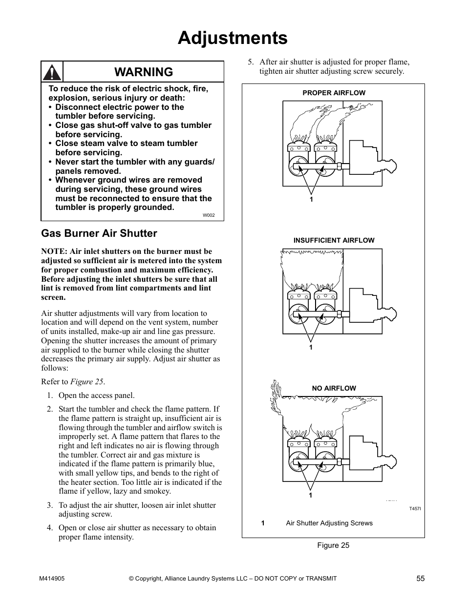 Adjustments, Gas burner air shutter, Warning | Alliance Laundry Systems TMB795C User Manual | Page 57 / 63
