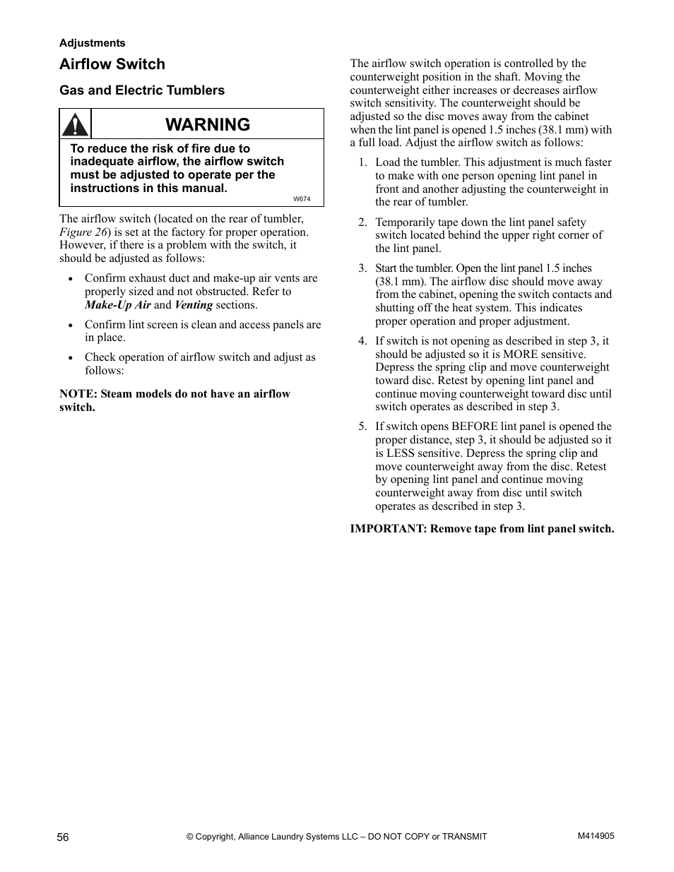 Airflow switch, Gas and electric tumblers, Warning | Alliance Laundry Systems TMB795C User Manual | Page 58 / 63