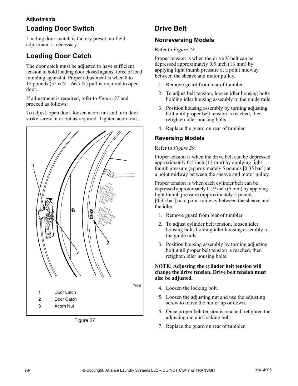 Loading door switch loading door catch drive belt, Nonreversing models reversing models, Loading door switch | Loading door catch, Drive belt | Alliance Laundry Systems TMB795C User Manual | Page 60 / 63