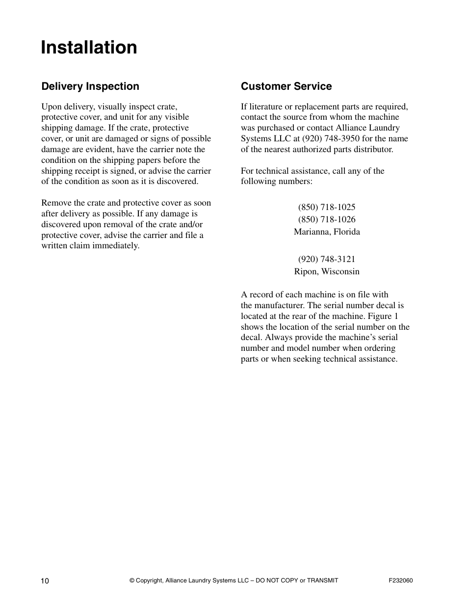 Installation | Alliance Laundry Systems SF18VNV User Manual | Page 12 / 92