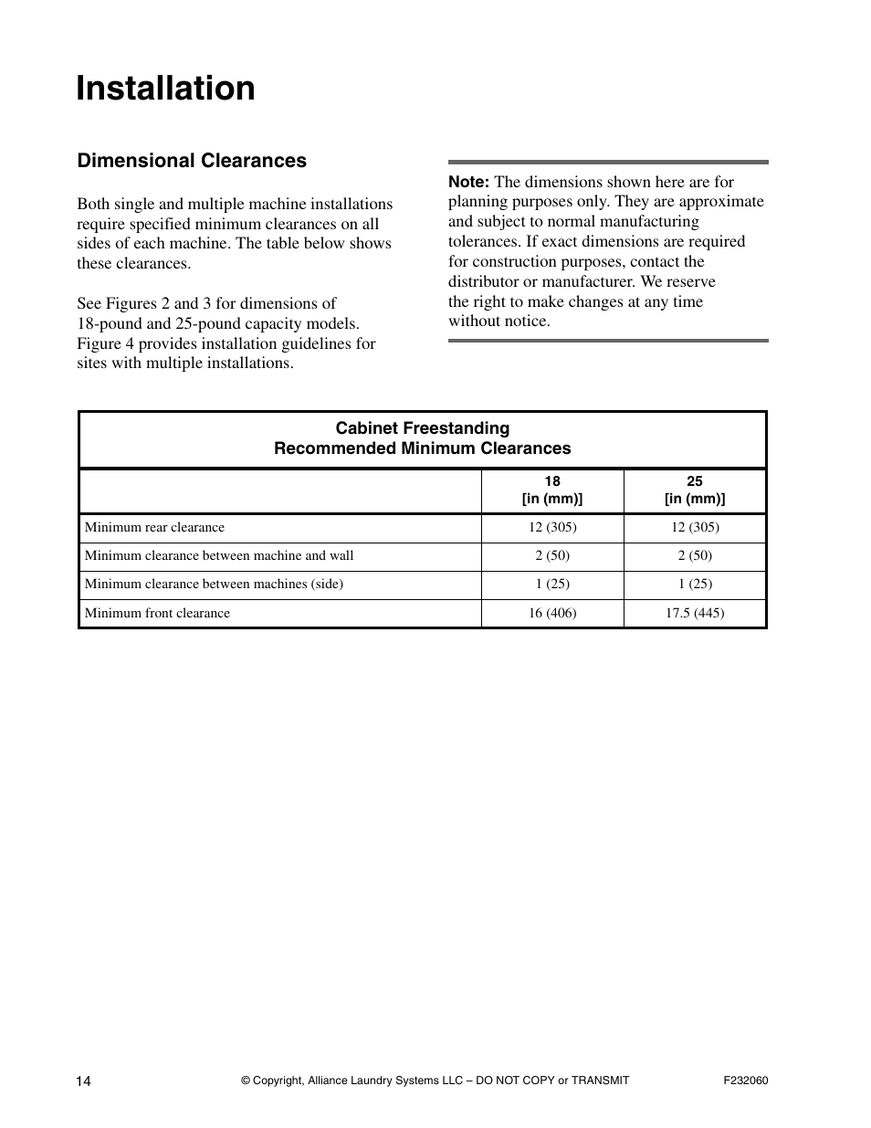 Installation, Dimensional clearances | Alliance Laundry Systems SF18VNV User Manual | Page 16 / 92