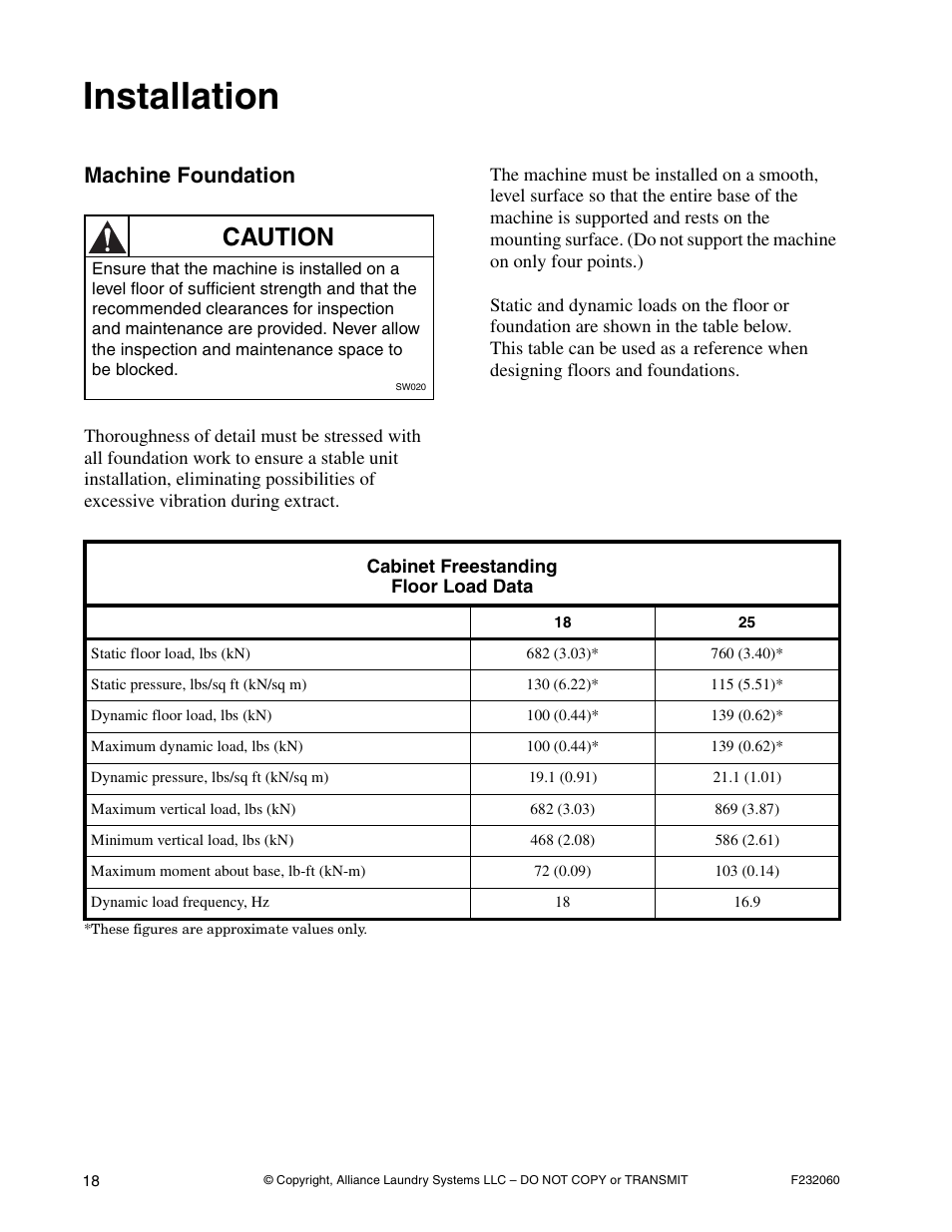 Installation, Caution, Machine foundation | Alliance Laundry Systems SF18VNV User Manual | Page 20 / 92