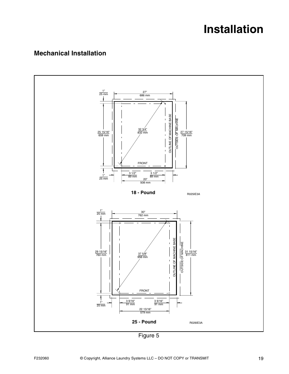 Installation, Mechanical installation, Figure 5 | 18 - pound, 25 - pound | Alliance Laundry Systems SF18VNV User Manual | Page 21 / 92