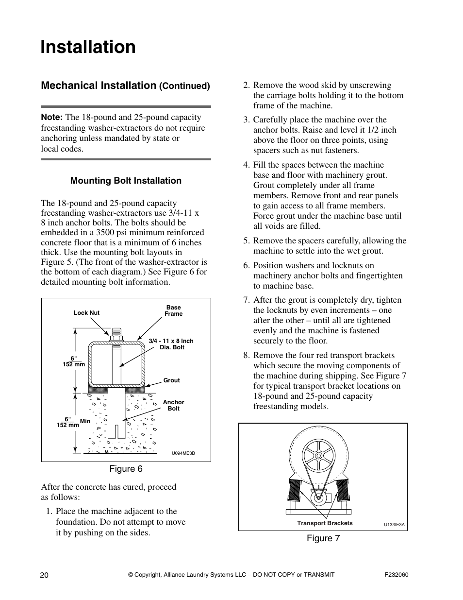 Installation, Mechanical installation | Alliance Laundry Systems SF18VNV User Manual | Page 22 / 92