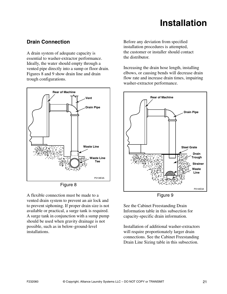 Installation, Drain connection | Alliance Laundry Systems SF18VNV User Manual | Page 23 / 92