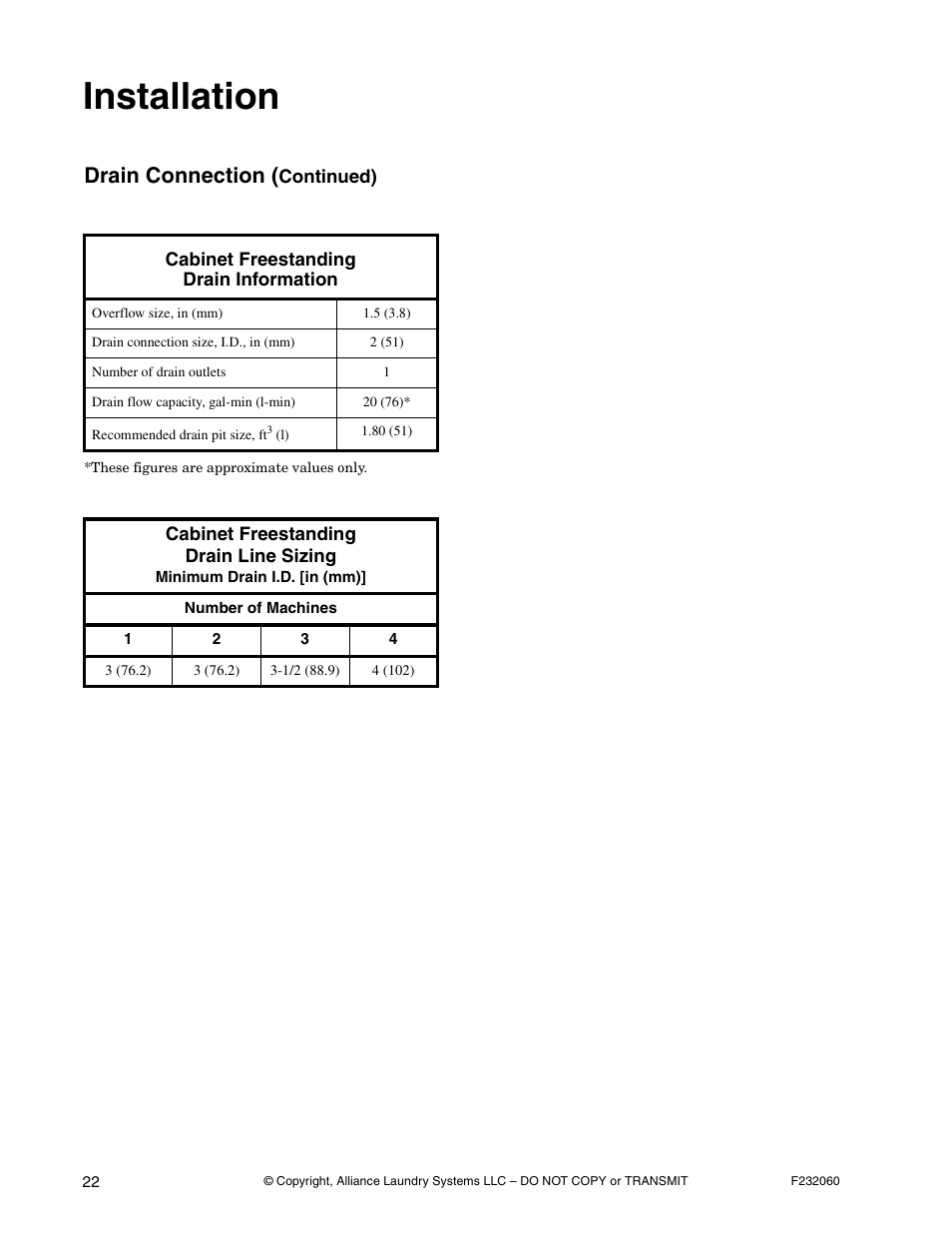 Installation, Drain connection | Alliance Laundry Systems SF18VNV User Manual | Page 24 / 92