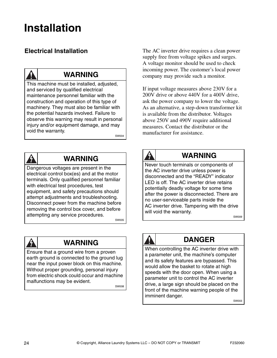 Installation, Warning, Danger | Electrical installation | Alliance Laundry Systems SF18VNV User Manual | Page 26 / 92