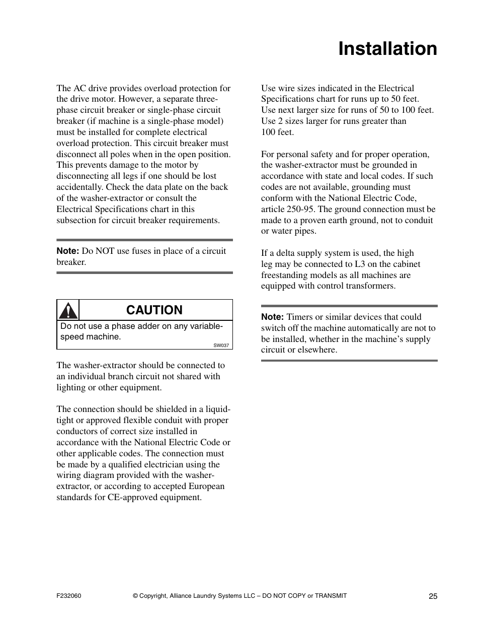 Installation, Caution | Alliance Laundry Systems SF18VNV User Manual | Page 27 / 92