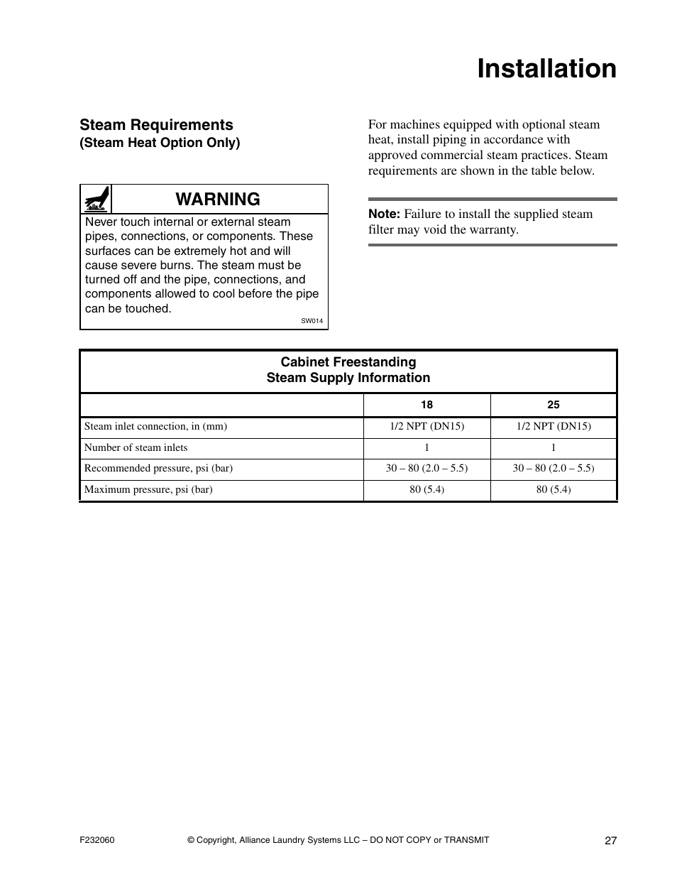 Installation, Warning, Steam requirements | Alliance Laundry Systems SF18VNV User Manual | Page 29 / 92