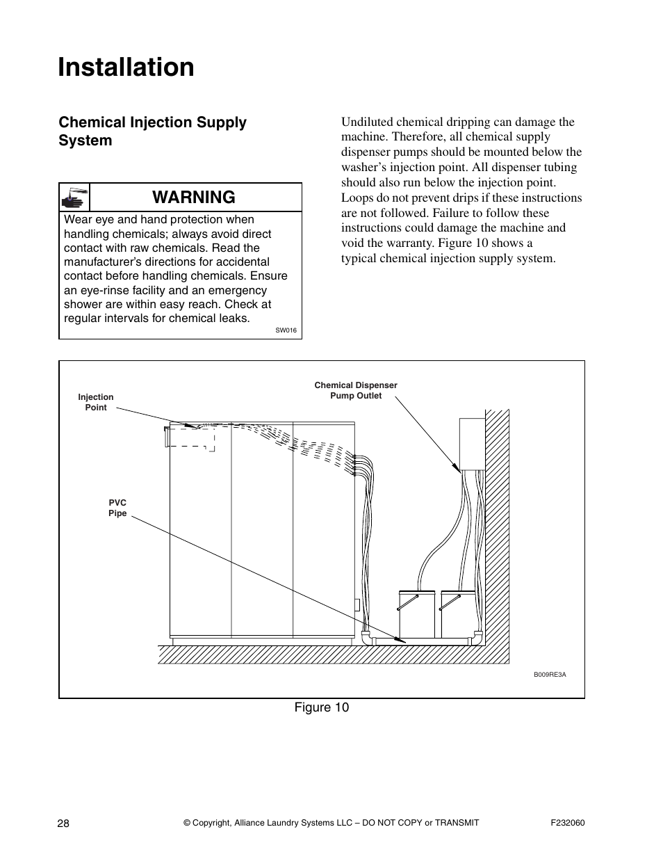 Installation, Warning, Chemical injection supply system | Alliance Laundry Systems SF18VNV User Manual | Page 30 / 92