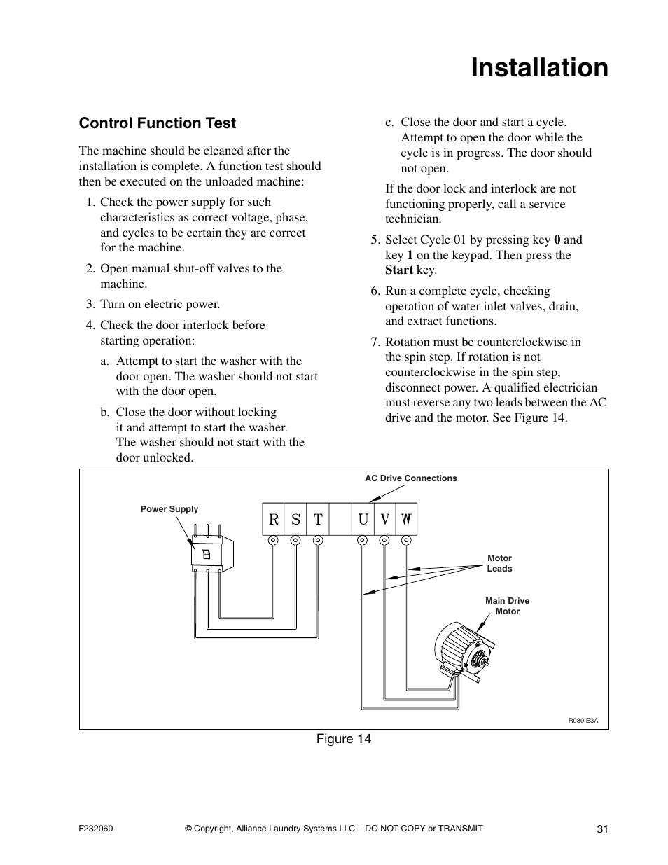 Installation, Control function test | Alliance Laundry Systems SF18VNV User Manual | Page 33 / 92