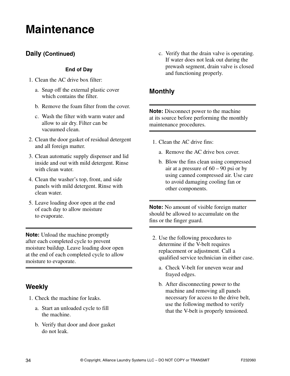 Maintenance | Alliance Laundry Systems SF18VNV User Manual | Page 36 / 92