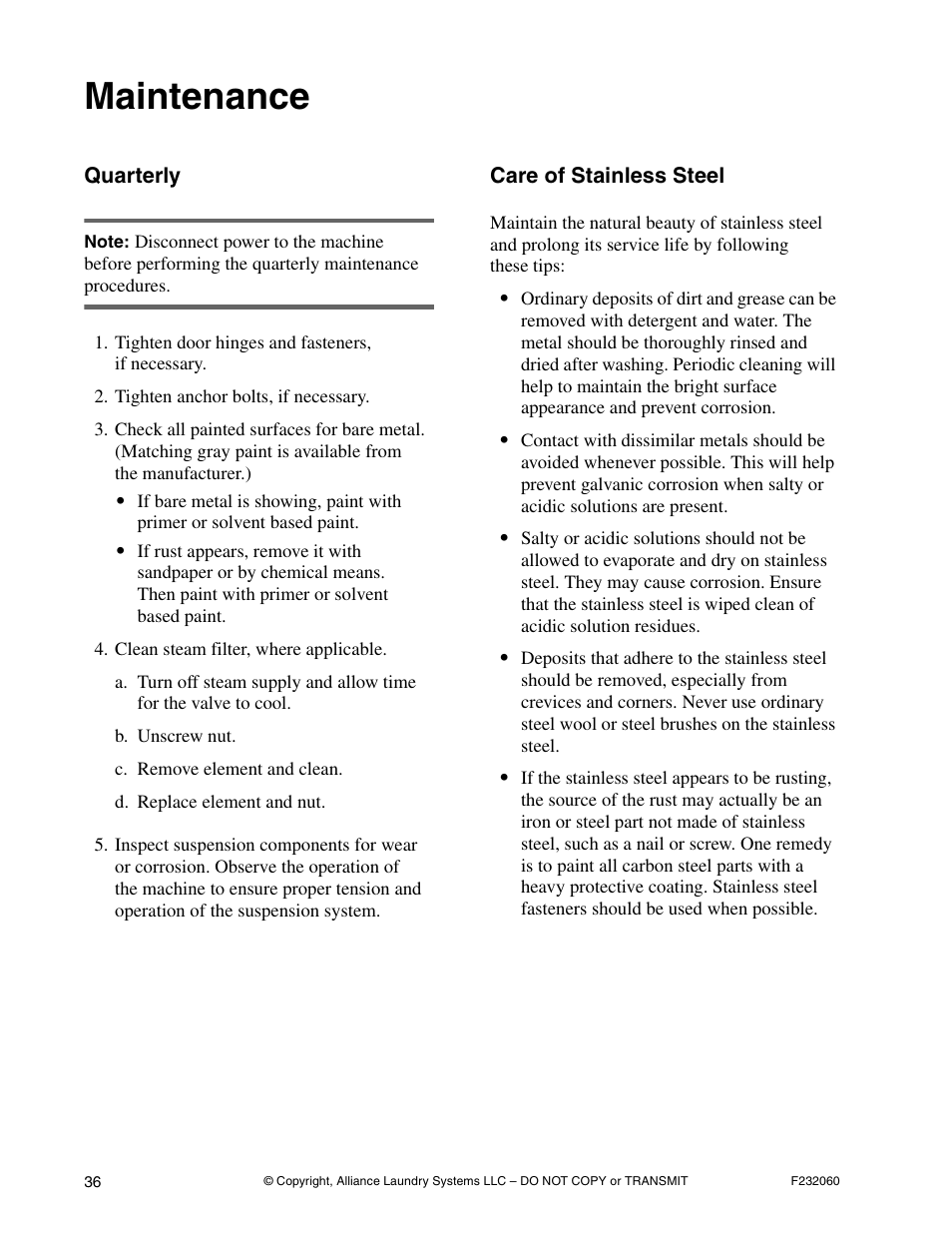 Maintenance | Alliance Laundry Systems SF18VNV User Manual | Page 38 / 92